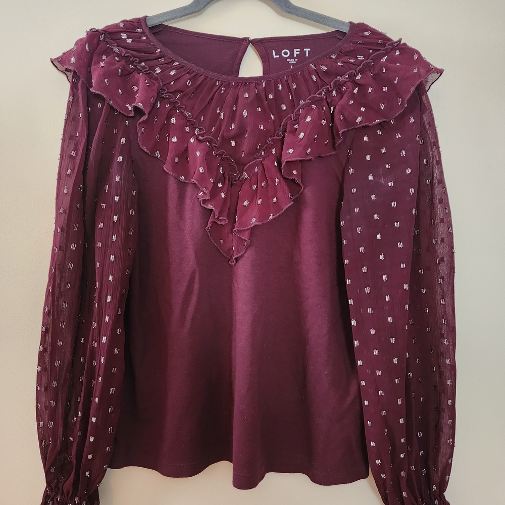 LOFT Burgundy Ruffle Detail Women's Top